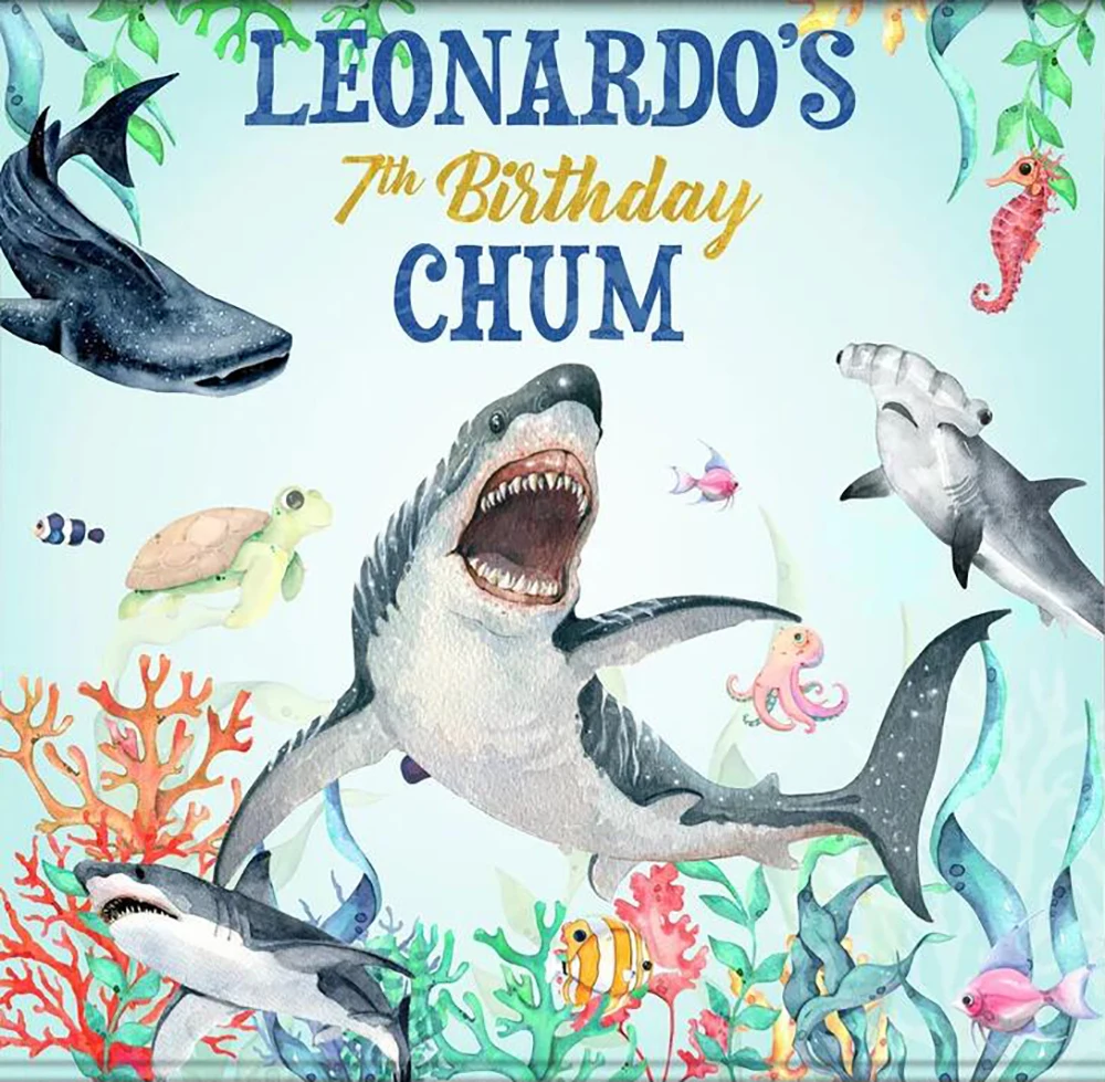 

Custom Big Sharks Sharktastic Ocean Under The Sea Watercolor Birthday photo backdrop party backgrounds