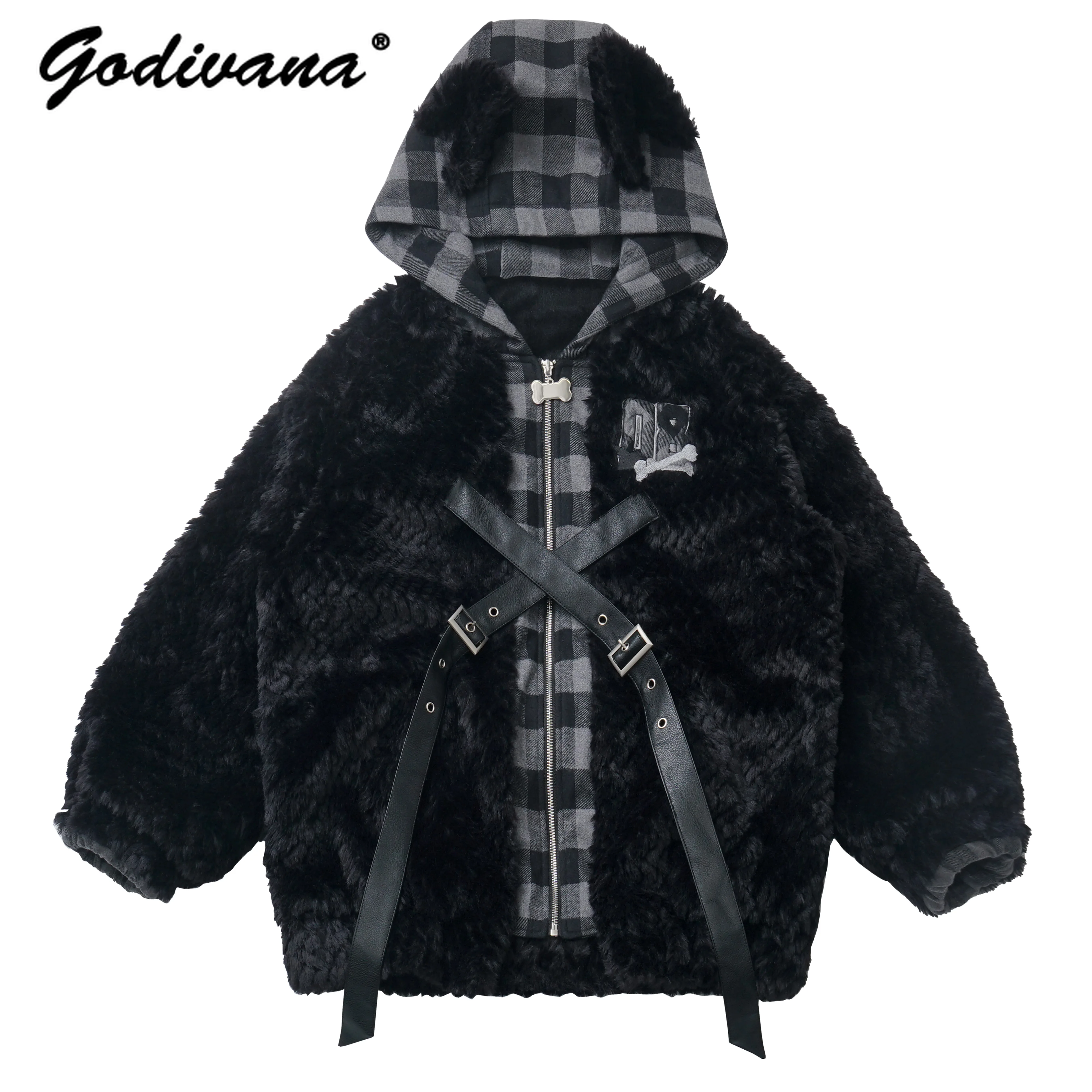 Neue Winter Weiche Warme Pelz Verdickt Grid Mit Kapuze Jacke Mädchen frauen V-ausschnitt Pelzigen Fleece Mantel Casual Plaid Hosen Casual Outfits