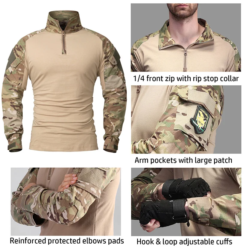 Men's Camouflage Tactical Shirt 1/4 Zip Long Sleeve Combat T Shirt Cotton Camo Uniform Airsoft Shirts