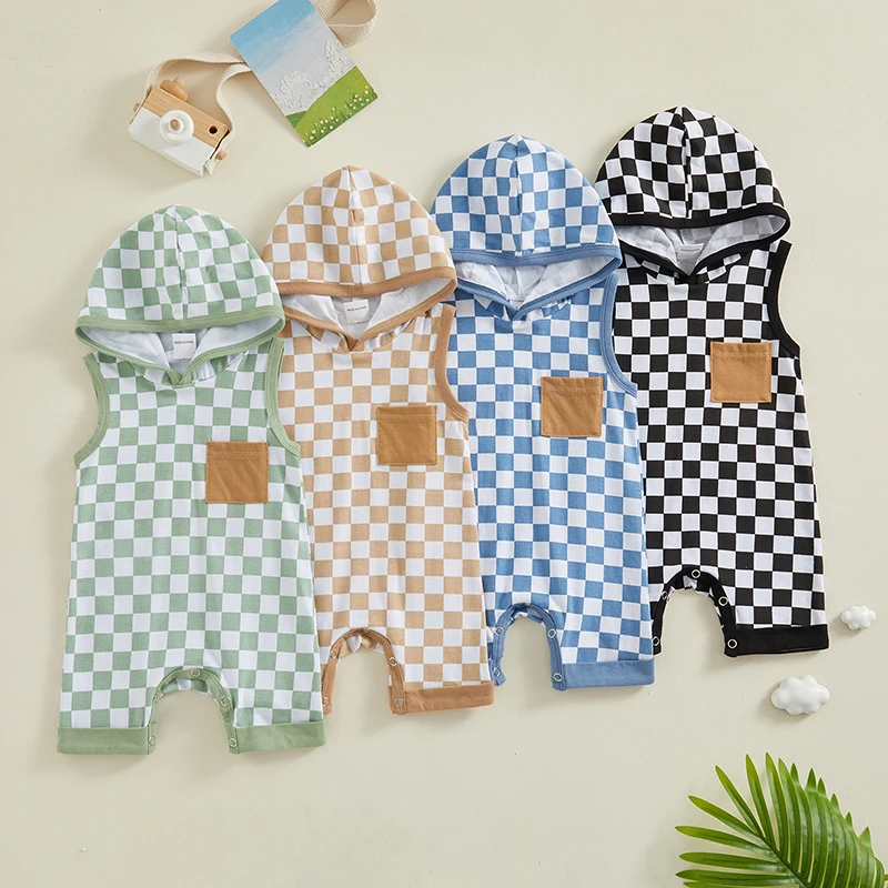 

Toddler Newborn Baby Boy Summer Romper Checkerboard Pocket Hooded Sleeveless Jumpsuits Playsuit Infant Casual Clothes