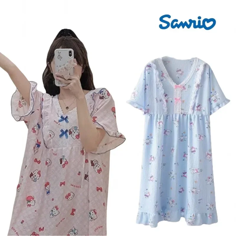 Hello Kitty-Chemise de nuit grande taille, pyjama à manches courtes, vêtements de détente confortables, Cinnamoroll, cadeaux de vacances, Périmètre