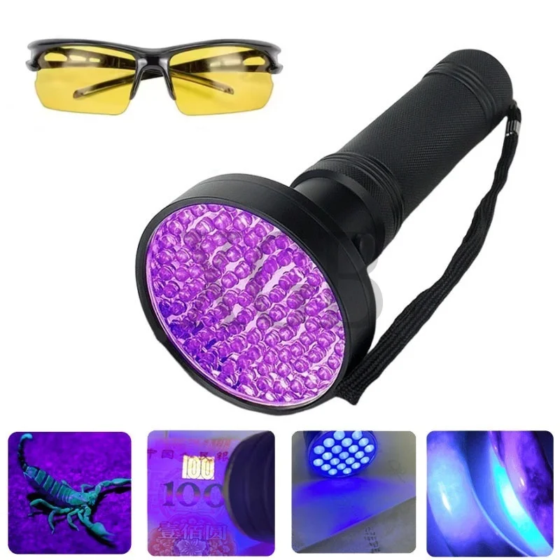 

UV Flashlight 100LEDs LGUIY UV Light Torch Lamp 395nm Ultraviolet Blacklight Pet Dog Cat Bug Detector with UV Protection Glasses