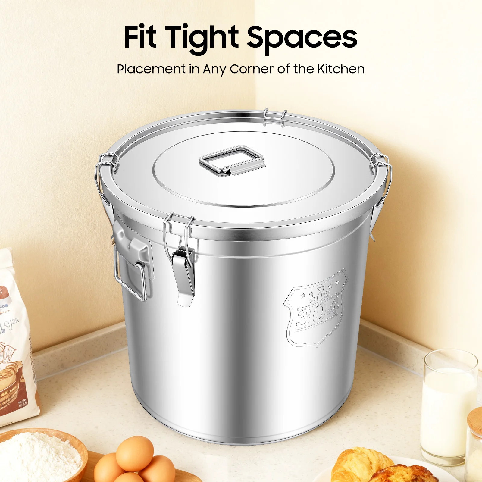 

304 Stainless Steel Airtight Container, Large Capacity Food Storage Bucket with Handles & Lid for Dry Wet Food Rice Organization