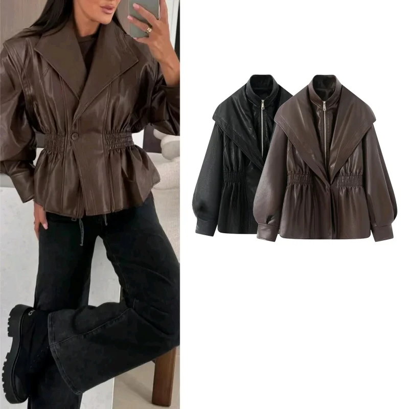 

Новая осенняя женская куртка-жилет из искусственной кожи с эффектом потертости, имитирующая двухслойность, повседневная, для работы, с длинными рукавами