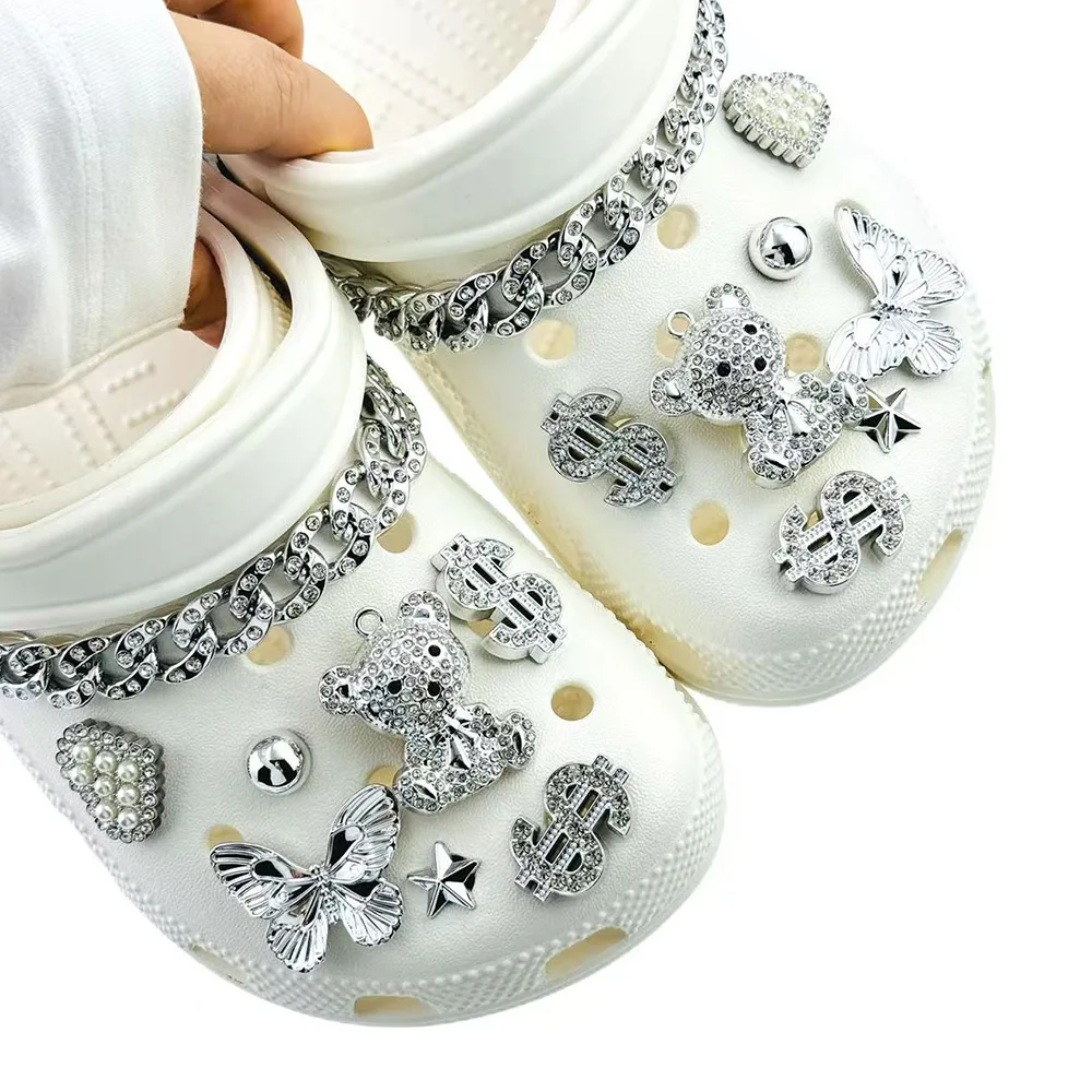 16PCS Shoe Charms Set Accessories for Sandals Clogs Shoe Buckle Silver Diamond Bear Butterfly Chain DIY Shoes Decorations Gift