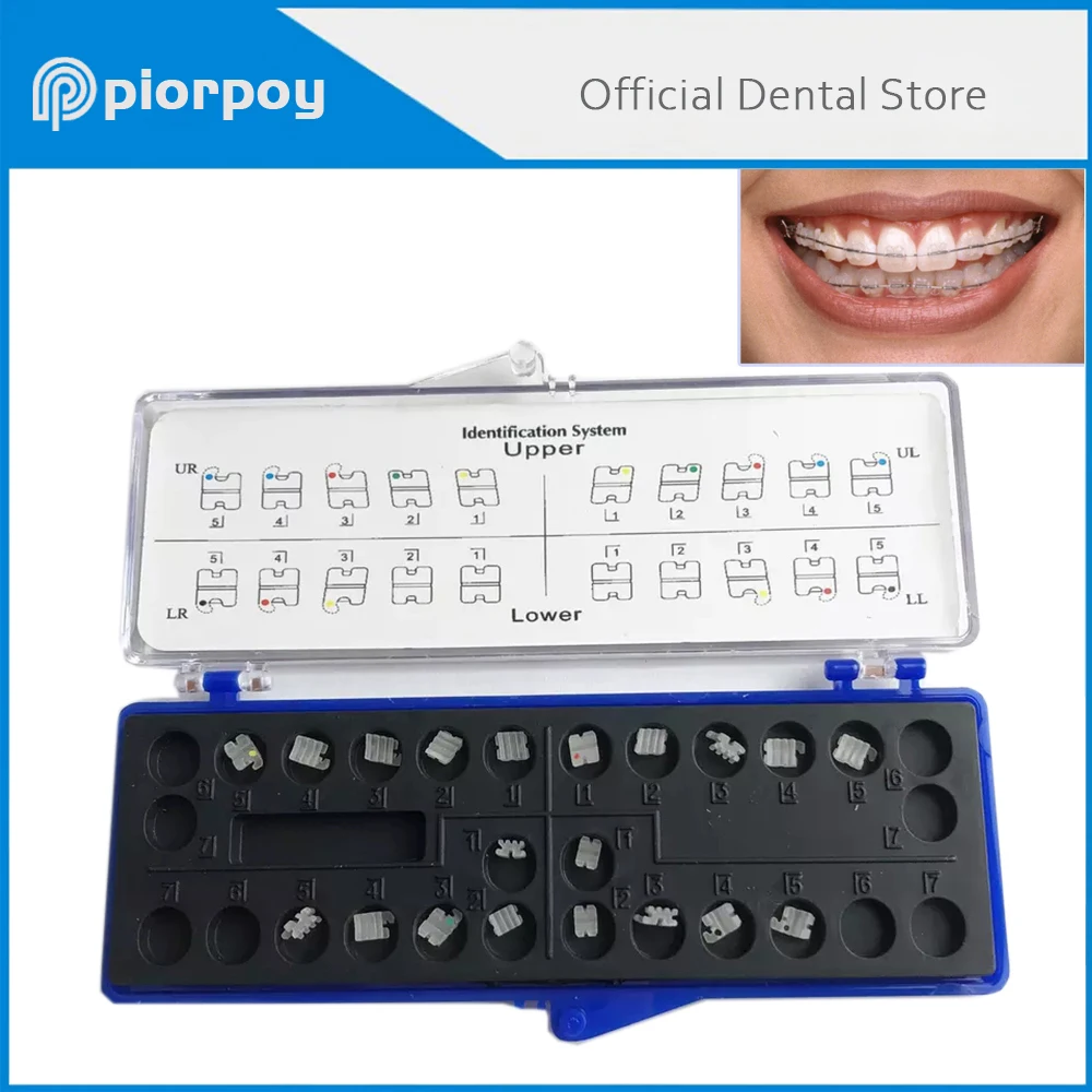 PIORPOY 20 Piezas/1 Kit de Brackets Dentales de Cerámica, Brackets de Ortodoncia, Base de Malla, Mnonblock MBT/Roth 022/018, 345 Ganchos, Herramienta de Dentista