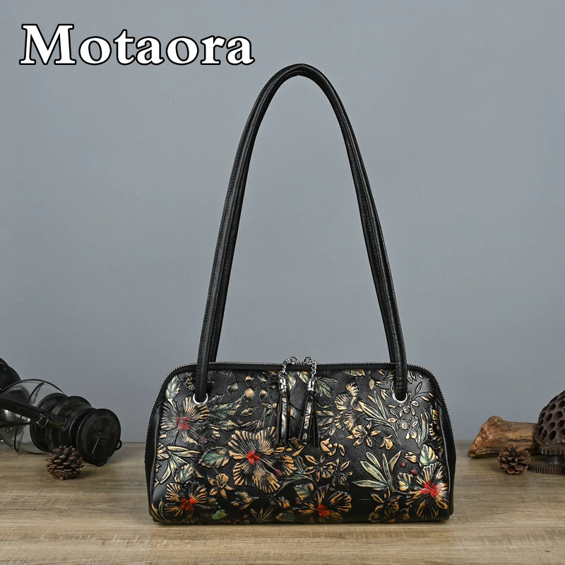 MOTAORA 2024 New Vintage Top Handle Women Shoulder Bag Genuine Leather Flower Female Handbag Painted Bags Ladies Small Handbags