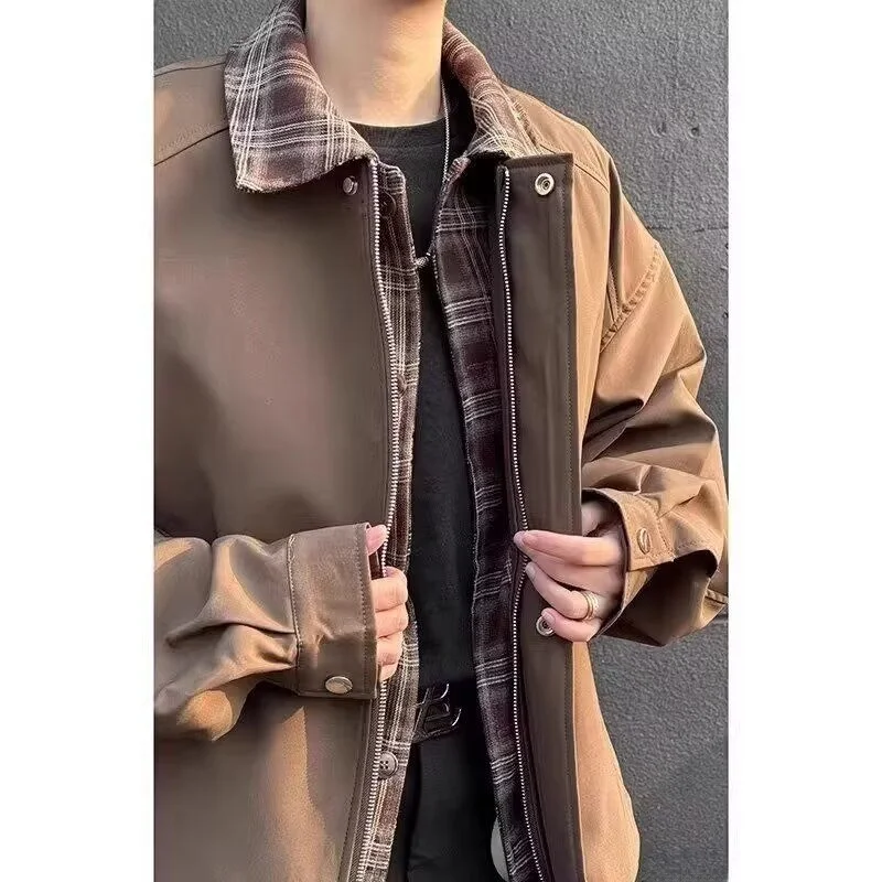 

Wassup Retro American Pure Color Jaet Loose Casual ex Brown Outerwear Stand Collar Long Sve Polyester Polyester Fiber