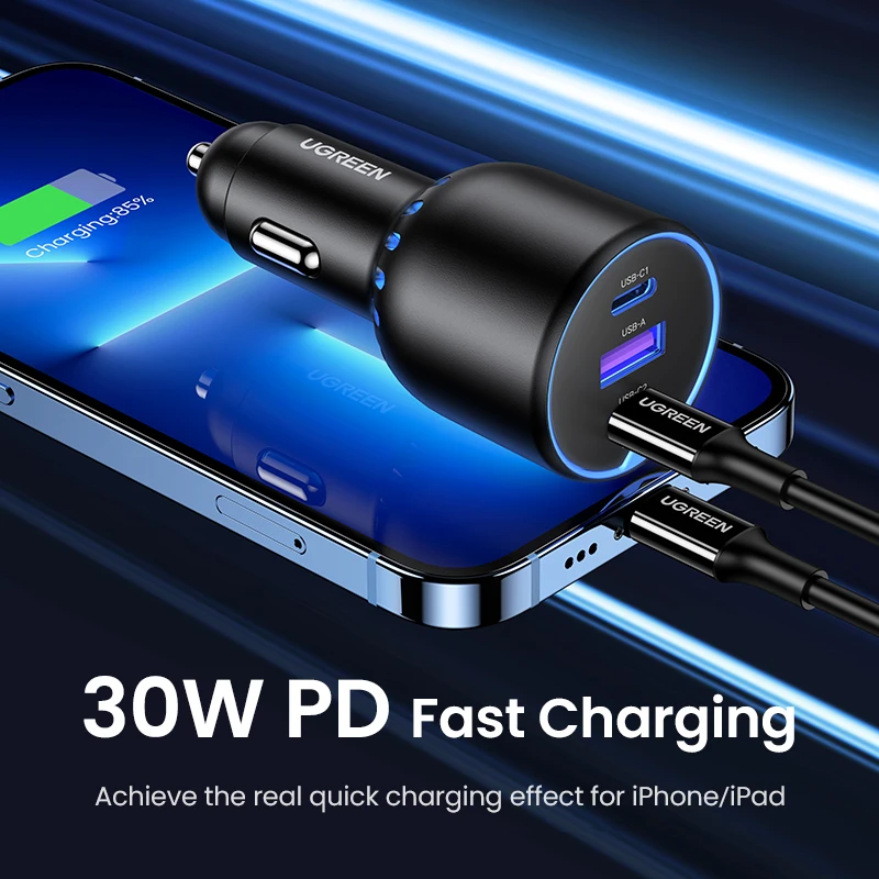 UGREEN 130W Car Charger Quick Charging PD Fast Charging USB Type C Phone Charge For iPhone 15 14 Laptop Tablet