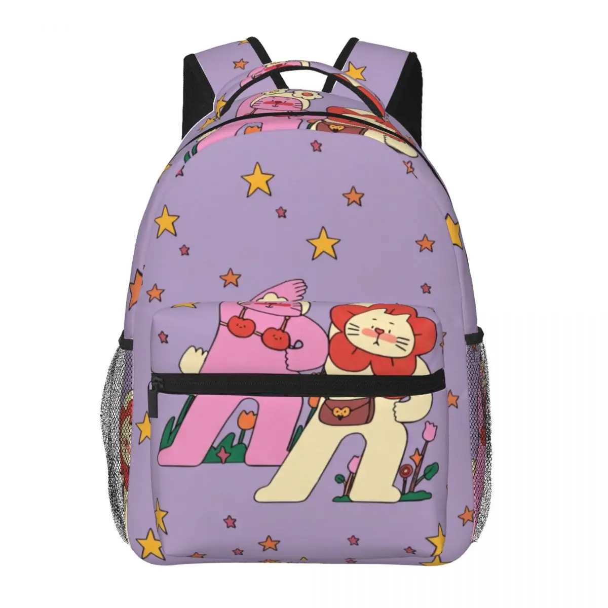 Lavender Aesthetic Backpack Center Exercise Characters Whimsical Illustration Light Purple Multi Col Daypack for School Daily