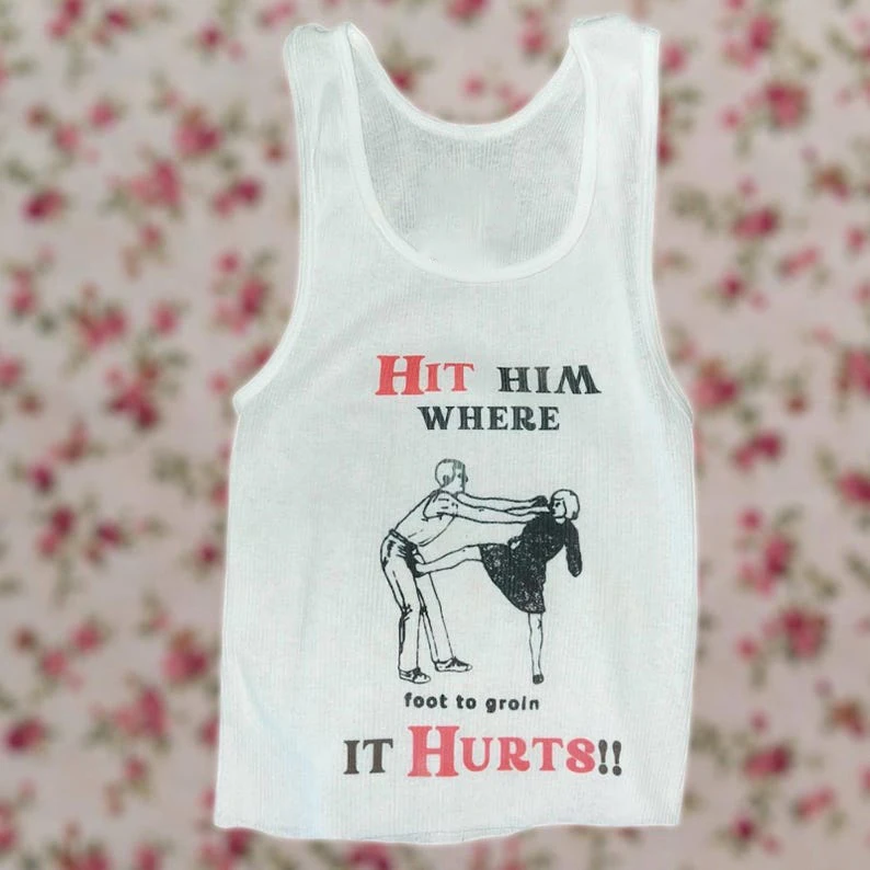 Self Defense Vintage Inspired Ribbed Tank 20 Inch Vest Emo Girls Aesthetic Letter Print Grunge Goth Camisole Top Female Clothing