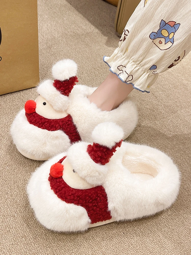 Cute Snowman Christmas Cotton Slippers Women's Winter Indoor Anti Slip Cover Heel Thick Bottom Cartoon Plush Warm Cotton Shoes