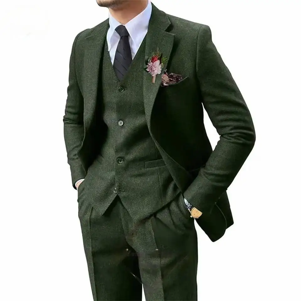 3 ชิ้นสีน้ําตาล Mens Tweed Herringbone งานแต่งงานพรหม Tuxedos Notched Lapel Tweed สําหรับธุรกิจ SLIM FIT (blazer + เสื้อกั๊ก + กางเกง)