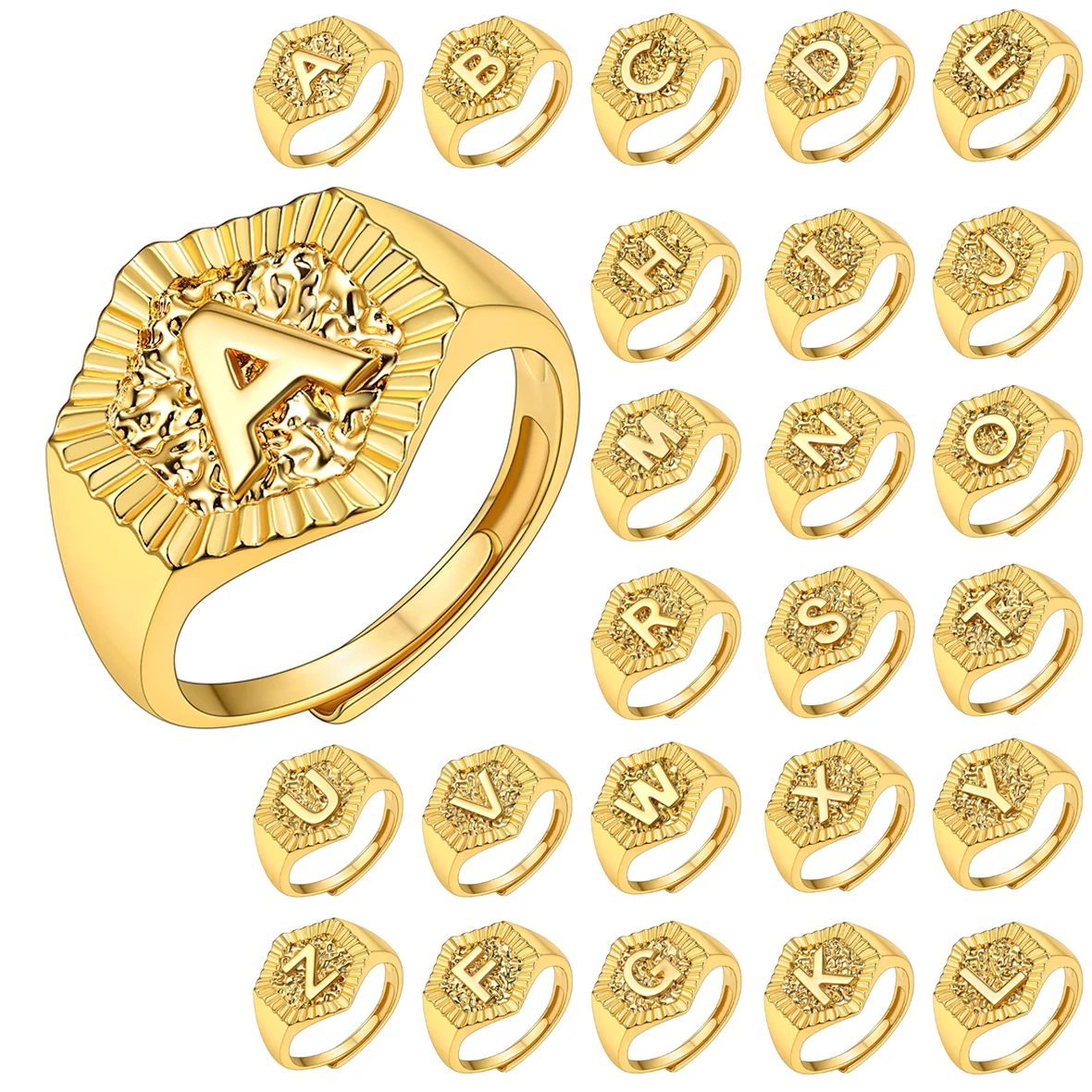 U7 Hexagon Rings 3D Embossed A-Z Initial Letter Rings for Woman Adjustable Size A-Z Gold Color Family Signet Jewelry Gift Choice