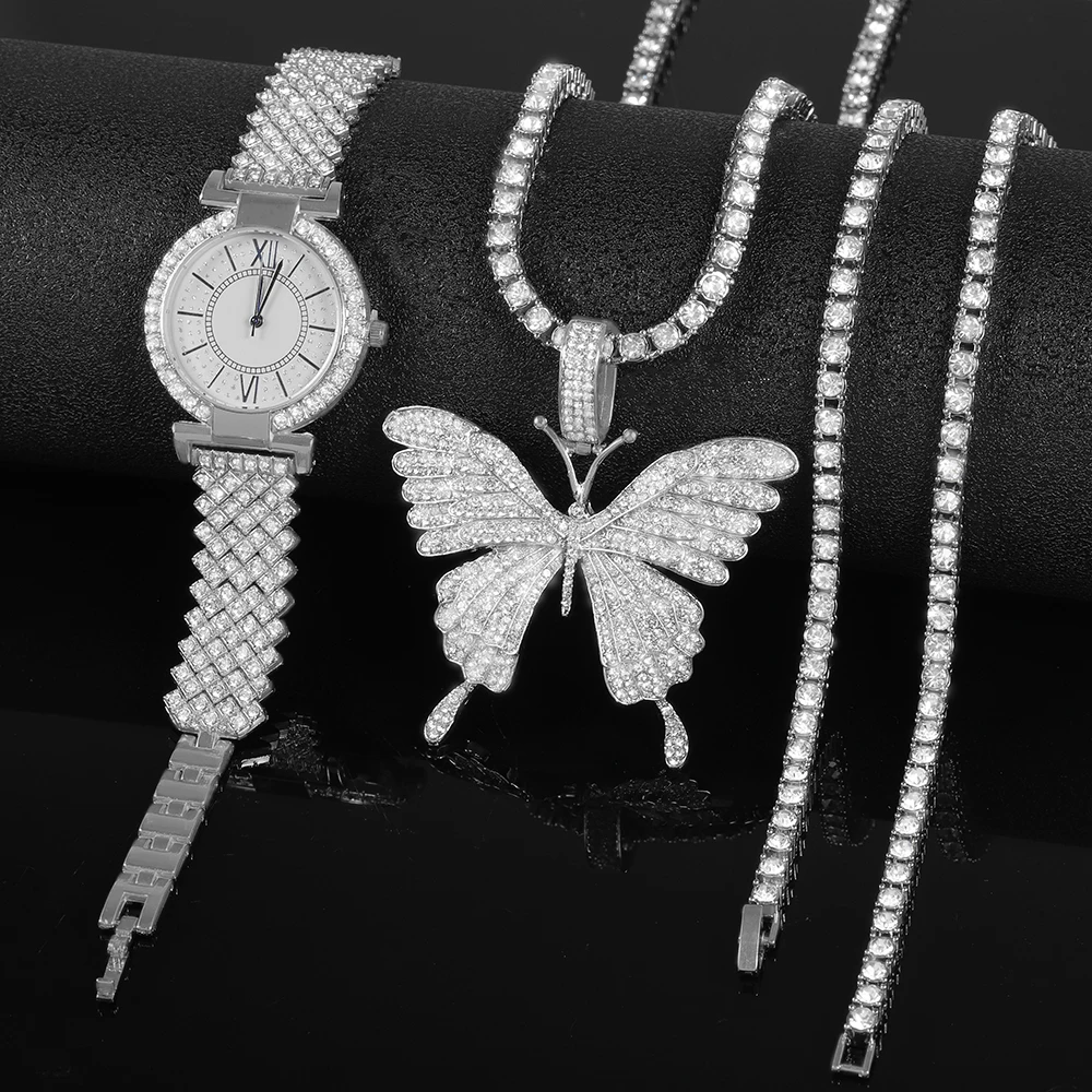 Conjunto de reloj elegante para mujer, reloj de diamantes con incrustaciones Punk de Hip-hop y collar con colgante de mariposa, cadena de tenis de plata, regalo de joyería de lujo