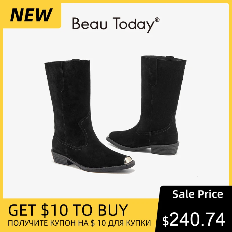 BEAUTODAY Mid-Calf Boots Women Cow Suede Leather Square Toe Metal Decoration Western Boots Slip-on Ladies Shoes Handmade 06128