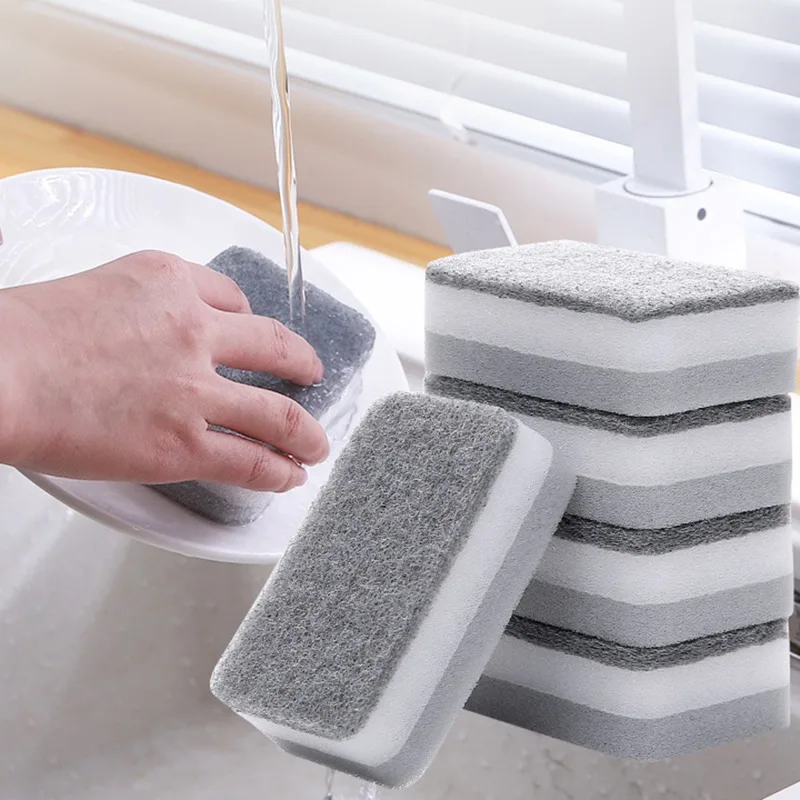 5 Pcs Home Double-sided Sponge Wipe Gray Dirt-resistant Scouring Pad Kitchen Stain Sponge Wipe Professional Cleaning Supplies