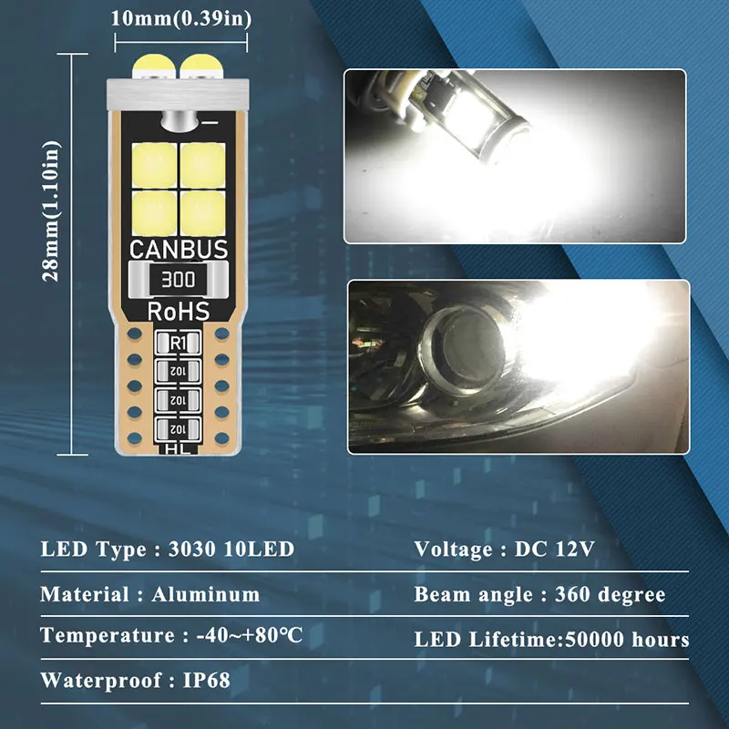 10x T10 W5W LED Canbus bez błędu 3030 10SMD żarówki do wewnętrznych Lamp samochodowych samochodu biały niebieski Auto lampka tablicy rejestracyjnej