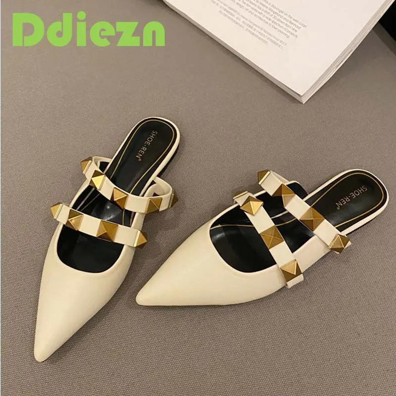 Women Flats Mules Slippers Shallow Footwear 2024 Spring Pointed Toe Female Sandals Fashion Rivet Outdoor Slides Ladies Shoes