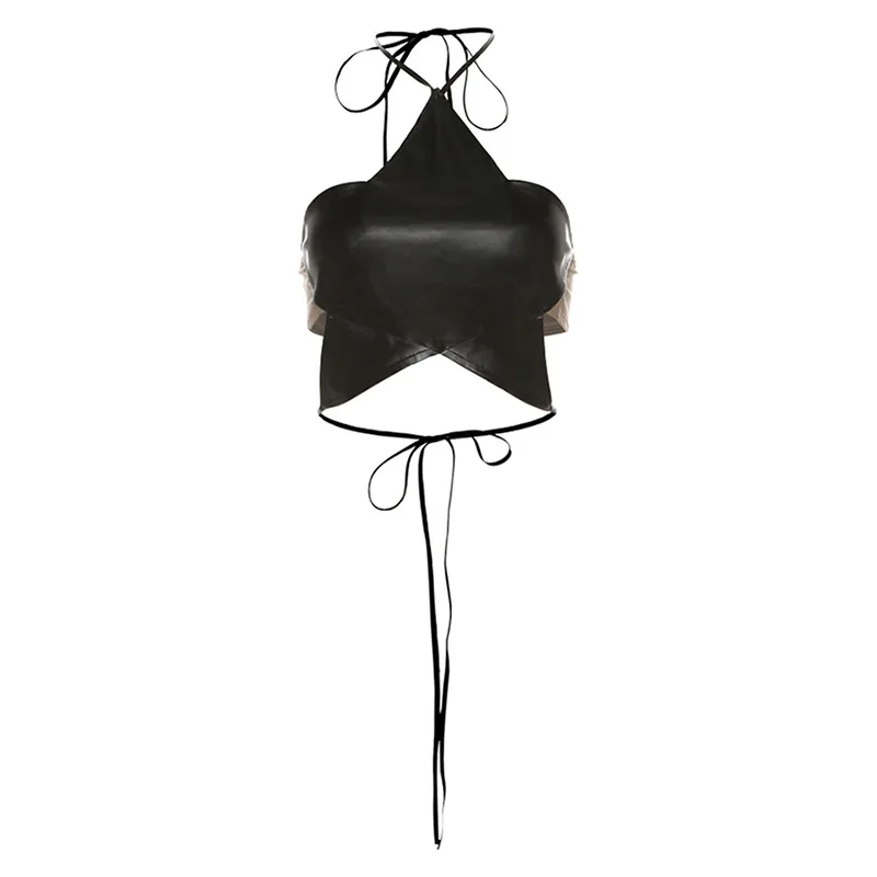 Star Halter Top Y2k Sexy PU Leather Black Backless Crop Tops Korean Fashion Alt Clothes Women Streetwear