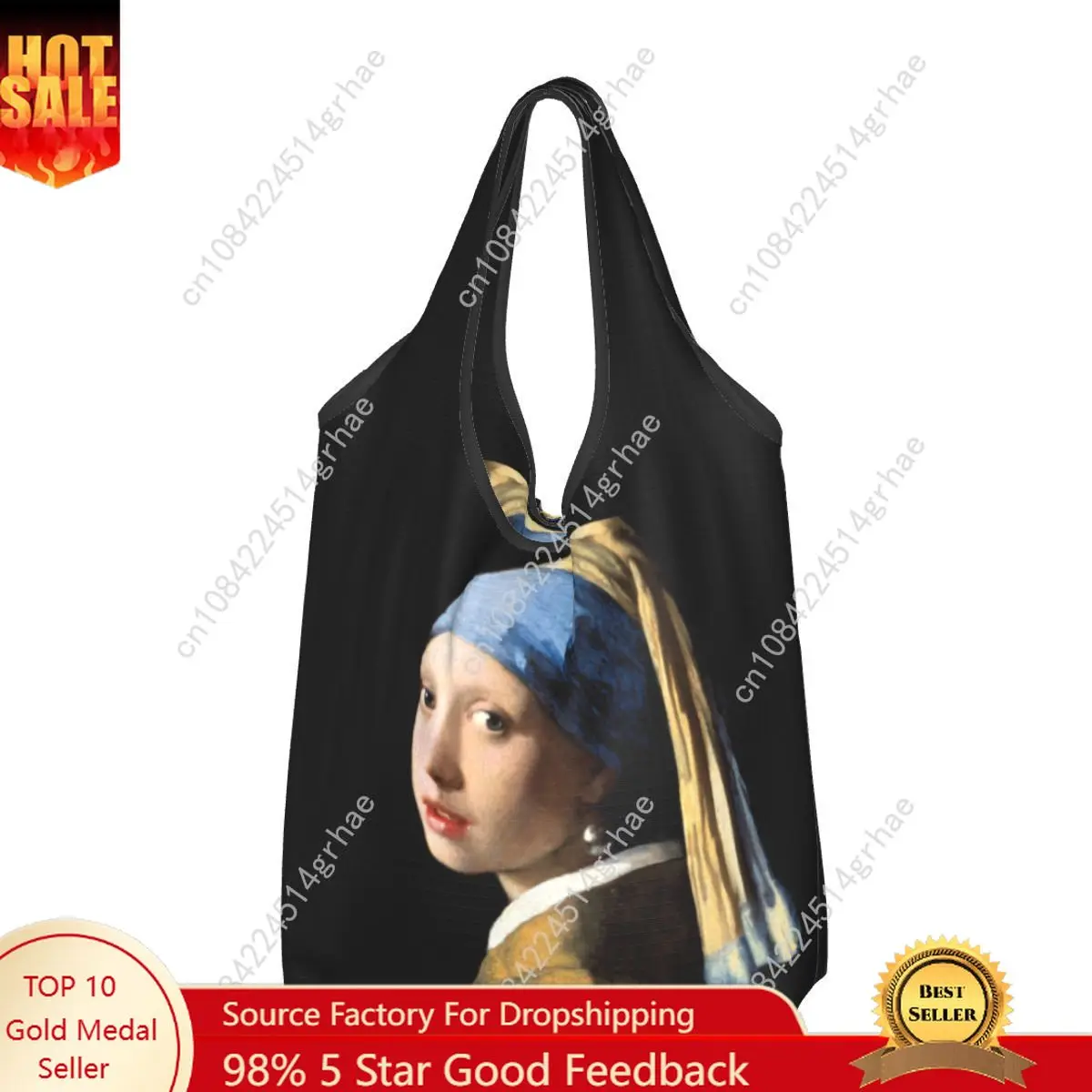 Custom Reusable Girl With A Pearl Earring Shopping Bag Women Tote Bag Portable Vincent Van Gogh Painting Groceries Shopper Bags