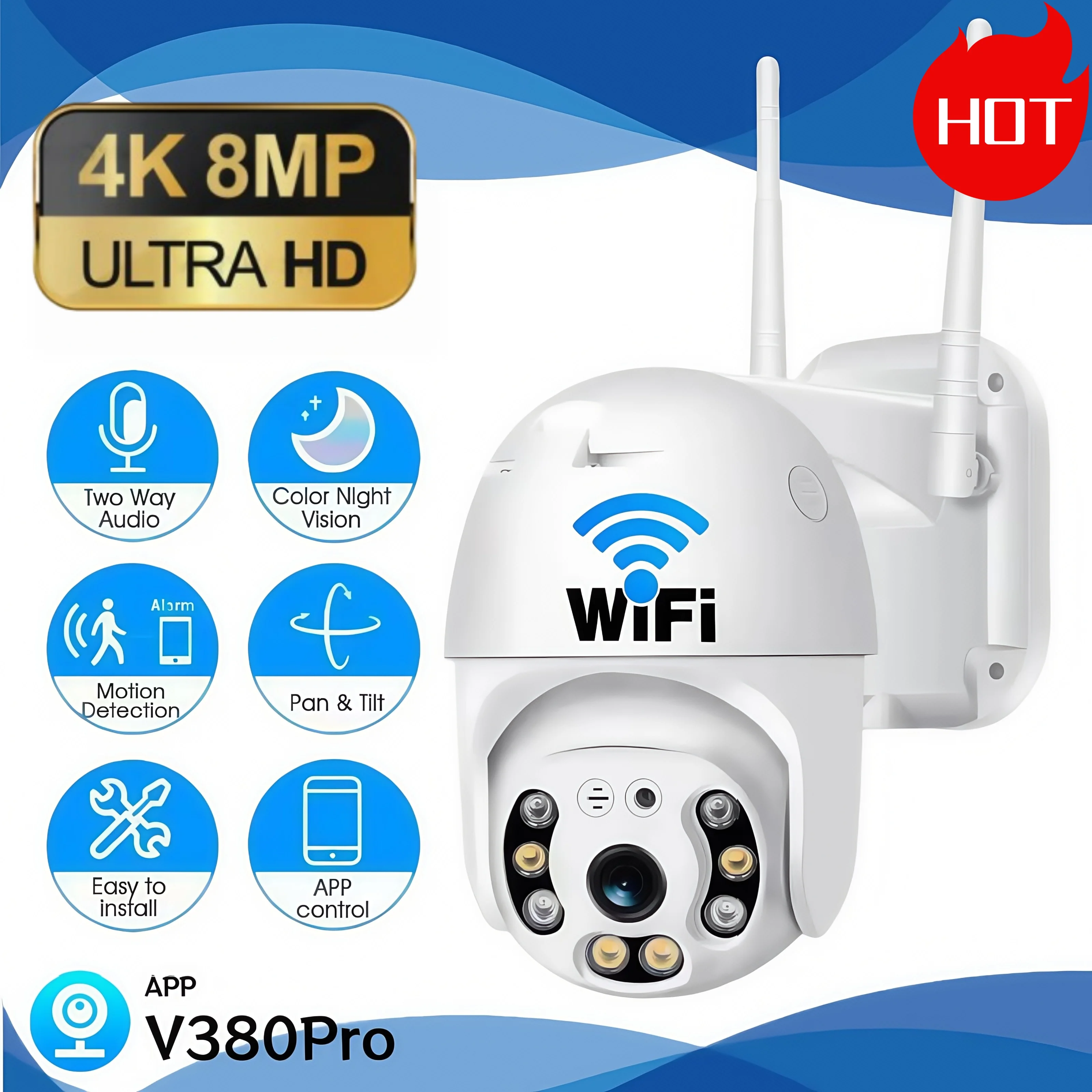 【セール中】V380 pro 8MP 4K WiFiカメラ 屋外 家庭用セキュリティ IPスマートモニター ビデオ監視カメラ フルカラーナイトビジョン CCTV