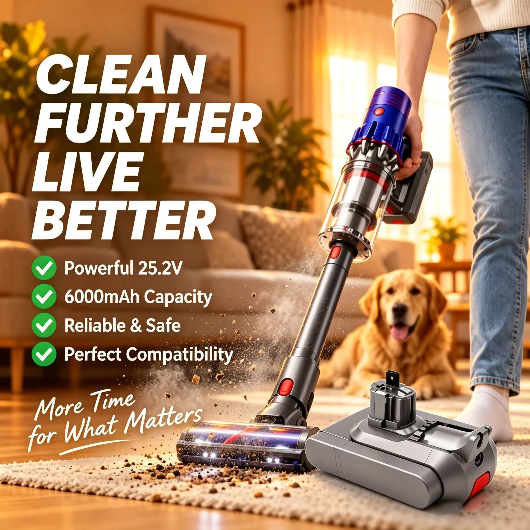 Batteria di ricambio ad alta capacità da 25,2 V e 6000 mAh per aspirapolvere Dyson serie V11 SV15, modello Fluffy 970145-02, versione con fibbia, batteria ricaricabile agli ioni di litio.