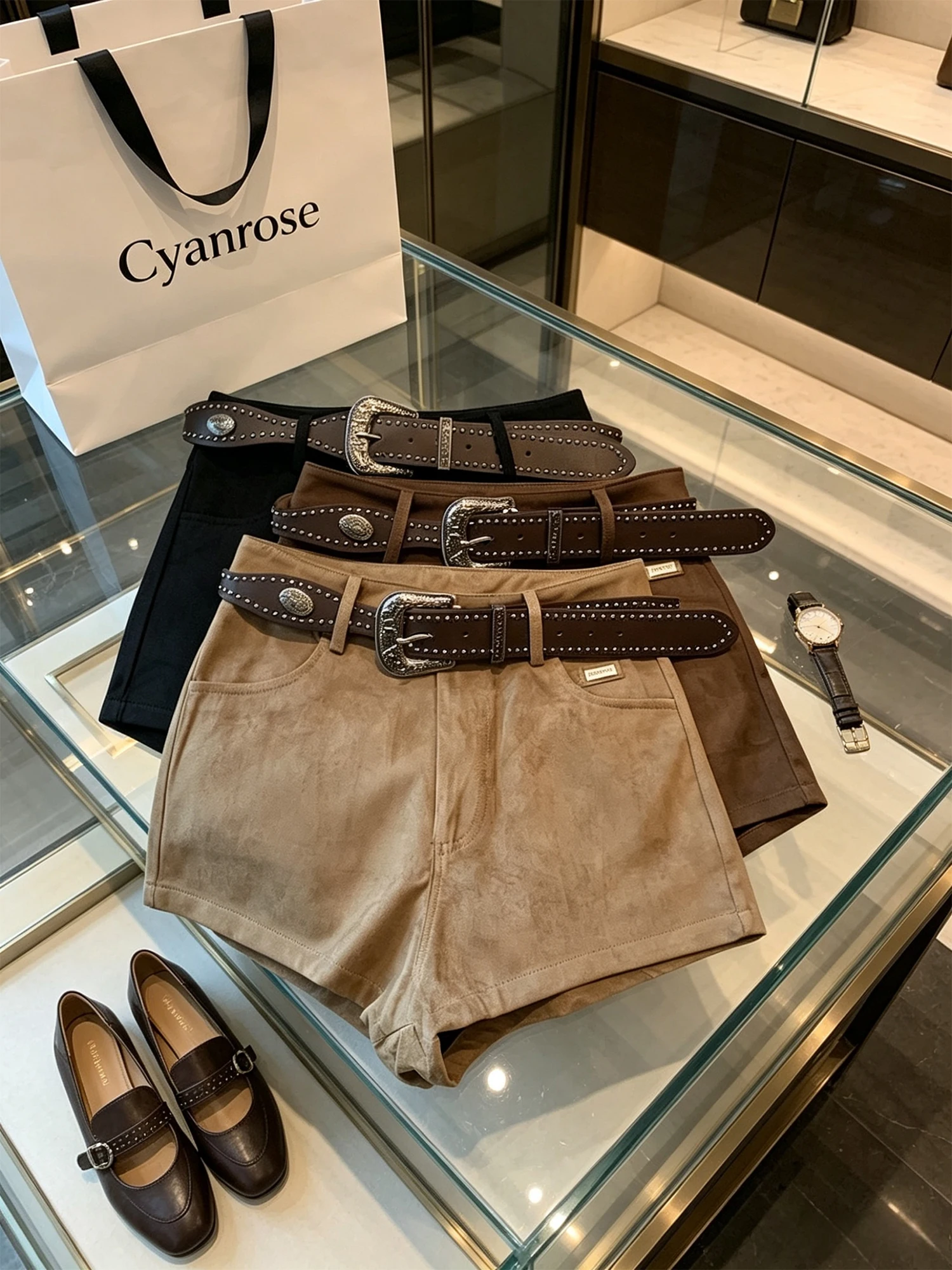 Women's Khaki Suede Shorts Y2k Gyaru High Waist Micro Boot Shorts Retro Elegant Casual Vintage Wide Leg Shorts for Women Summer