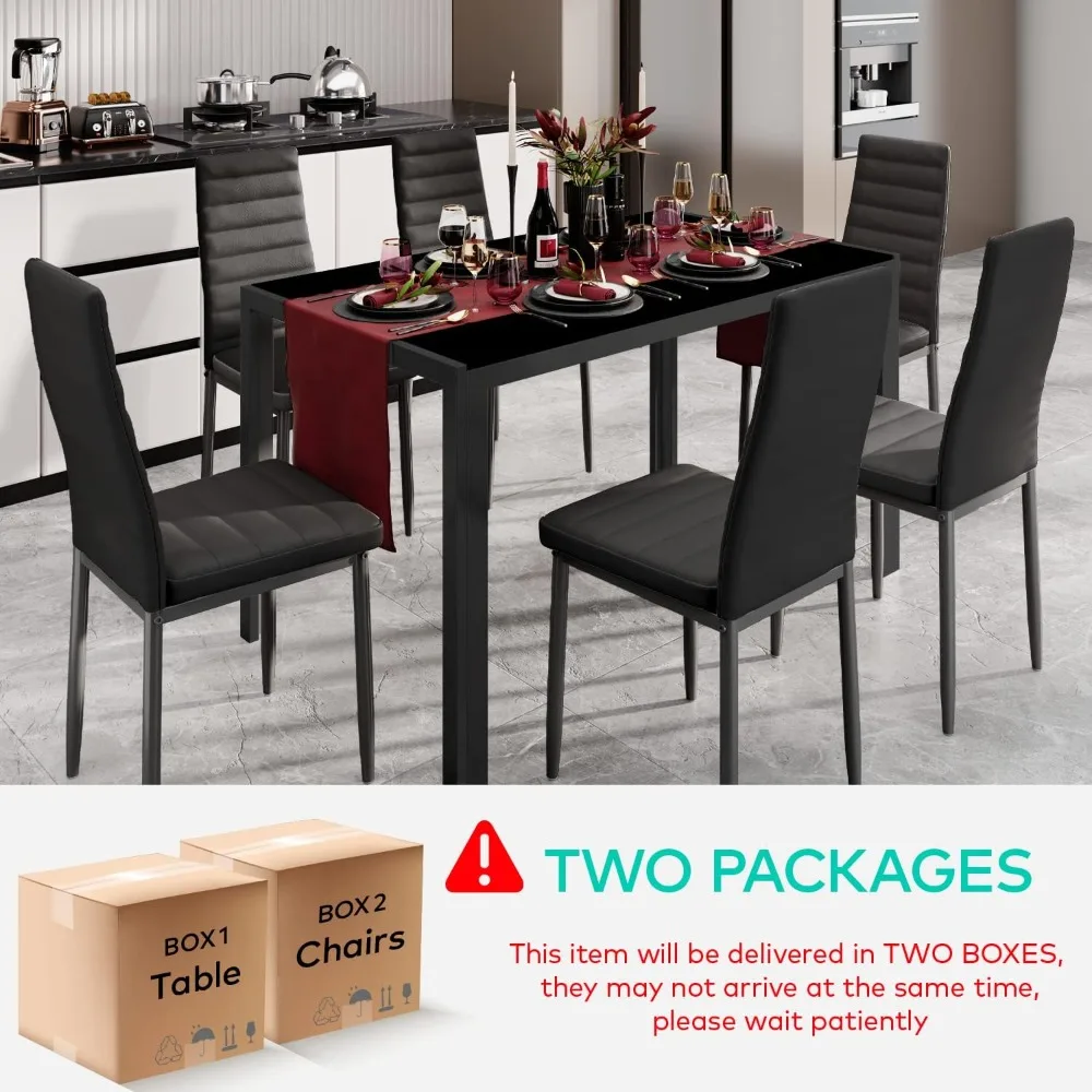 Glass Dining Table Sets for 6, 7 Piece Kitchen Table and Chairs Set for 6 Person, PU Leather Modern Dining Room Sets