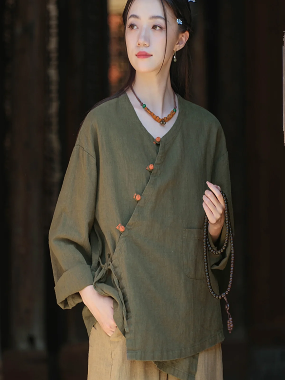 

Retro Button up Cotton Linen Short Coat Women's Spring Autumn Travel Photography Belted Jacket V Neck Loose Fit Top