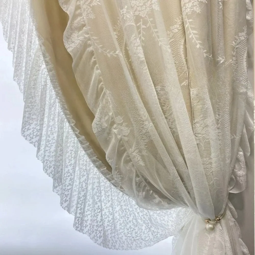Double French Curtains for Living Room Bedroom Girls Models Blackout Light Luxury Cream Lace Milk Tea Colour