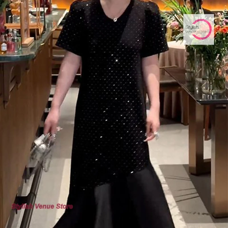 French style fashion temperament rhinestone dress female summer plus size loose slim casual Joker T-shirt little black dress