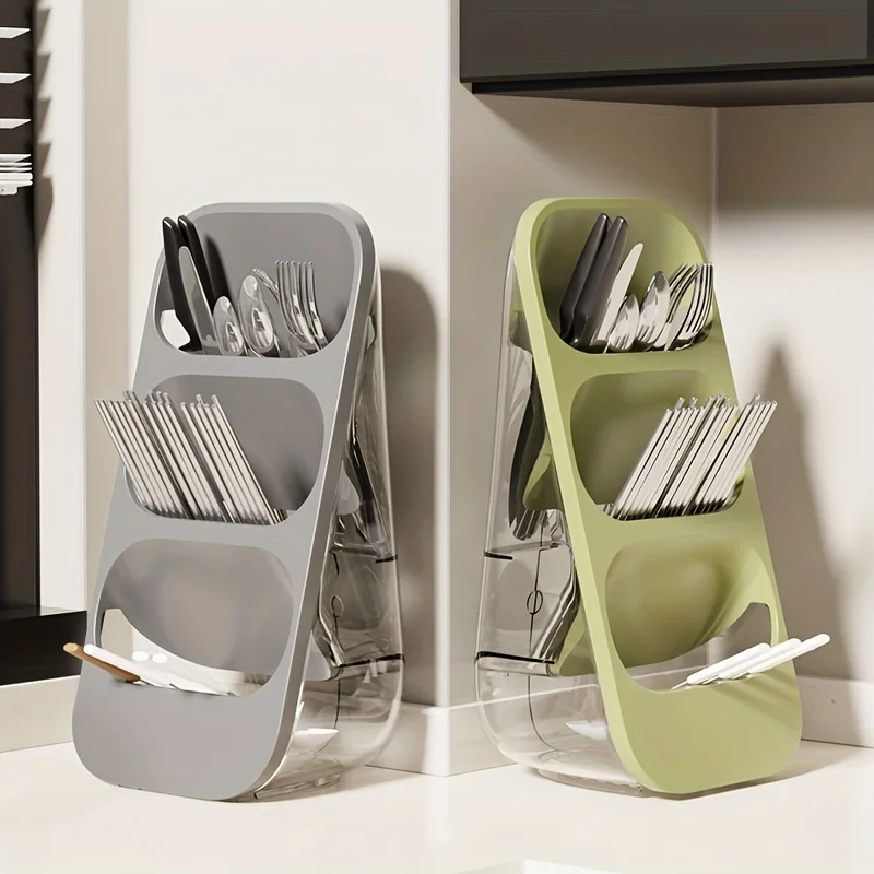 1pc Utensil Rack, Home Chopsticks Fork Knife Storage Rack, 3-Grids Washable Wall-mounted Desktop Shelf Threeopsticks Cage, Kitc
