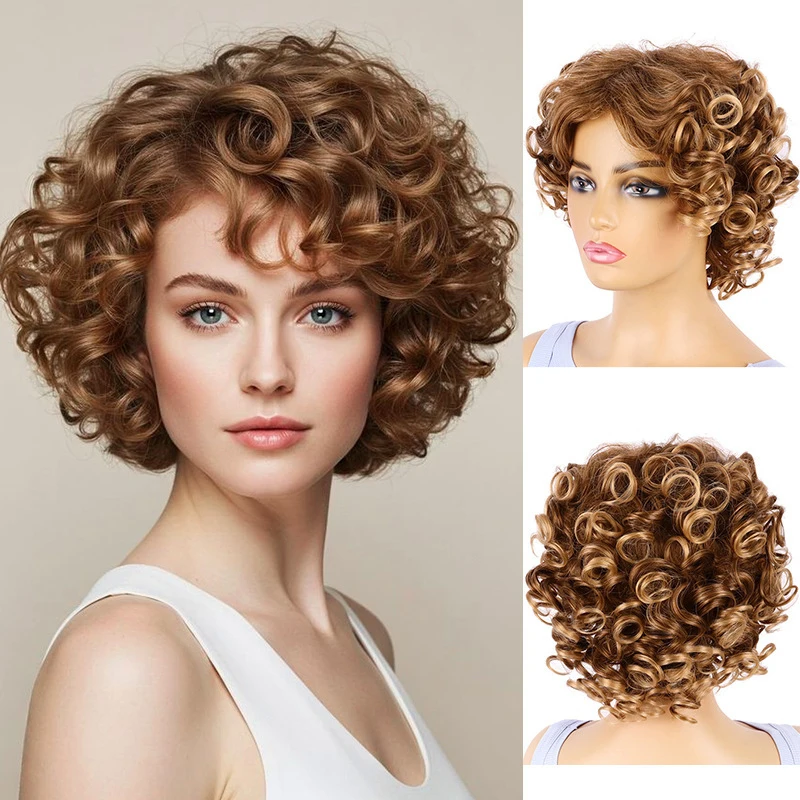 

Wig for European and American women, mixed gold color, fashionable short curly hair, large spiral curls, synthetic fiber headpie