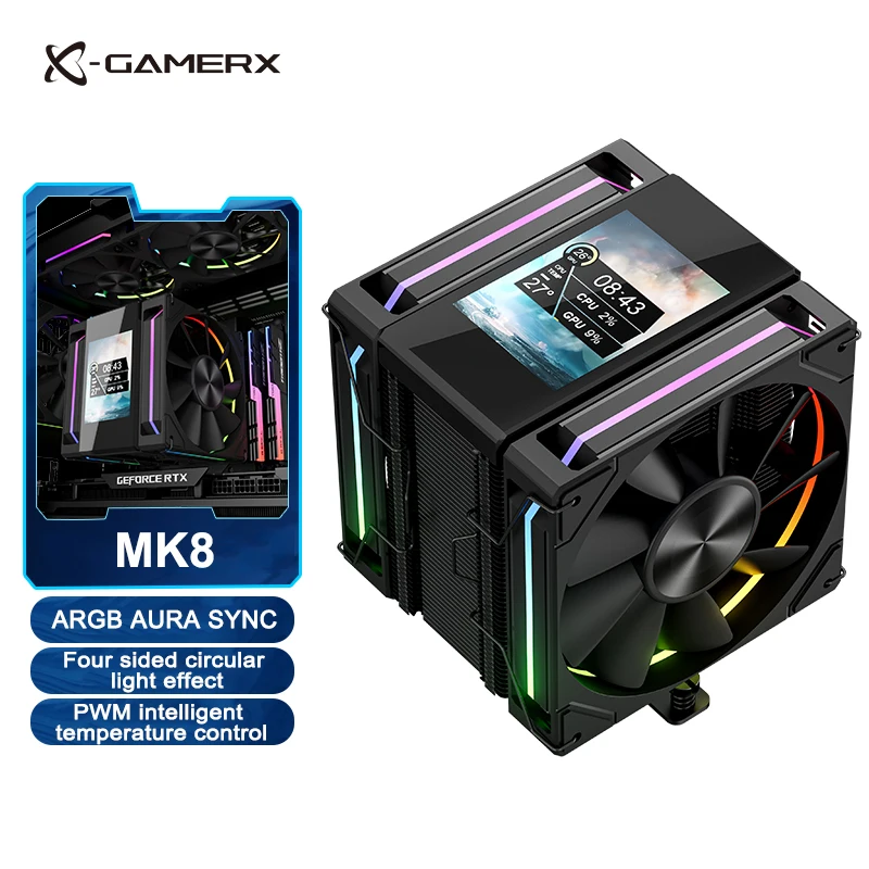 

Power Train X-GAMERX MK8 CPU Cooler LCD Screen Dual Fan Tower 6 Heat pipes Air-cooled radiator For LGA1700 115X 1200 AM4 AM5
