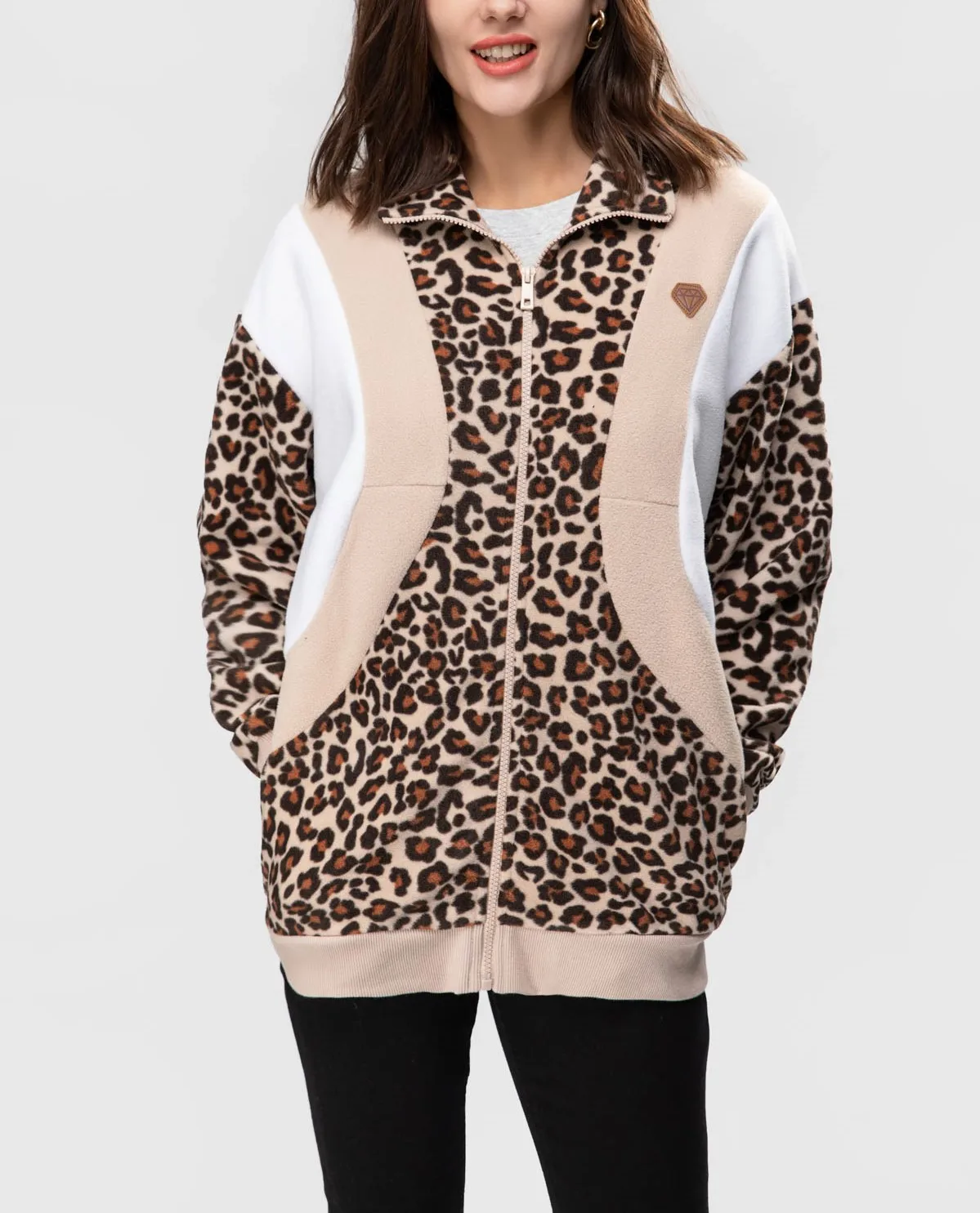 

FASHIONSPARK Women's Leopard Animal Printed Fuzzy Jacket Full Zipper Polar Sherpa Teddy Coat Patchwork Casual jacket with Pocket