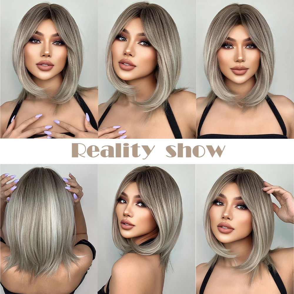 Medium Length Ombre Brown to Blonde Straight Hair Wigs with Bangs Synthetic Wigs for Women Cosplay Heat Resistant Natural Wigs