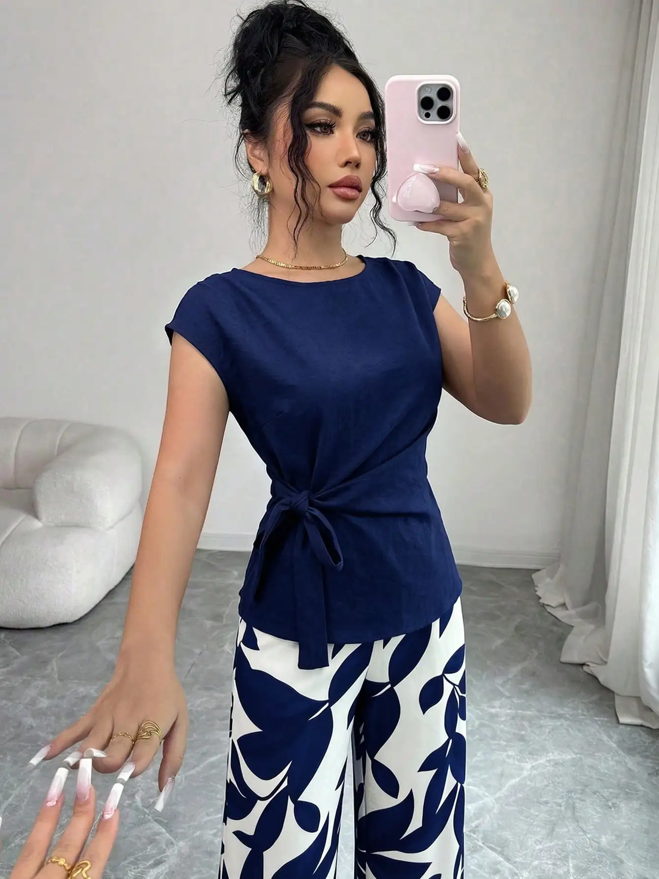Elenzga Women's Spring/Summer Elegant Commuter Wine Red Pleated Waist Cinched Bow Tie + Women's Spring/Summer Elegant Commuter Casual Wine Red Leaf Print Waist Cinched Double Pocket Design Loose Slightly Wide Leg Long Pants