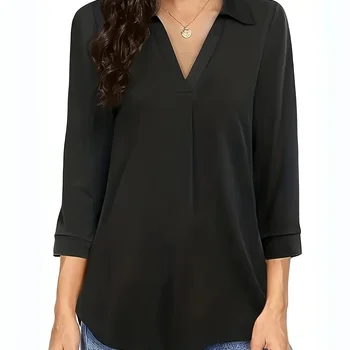 플러스 사이즈 여성용 브이넥 단색 셔츠 블라우스, 캐주얼 루즈하고 심플한 긴팔 셔츠, 패션 1XL-5XL 