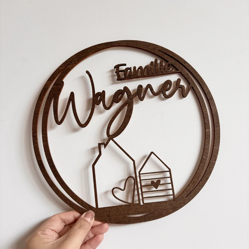 Personalized Family Name Wooden Circle Sign Photo Props, Custom Baby Door Name Black Wooden Wedding Decor Name floral hoop