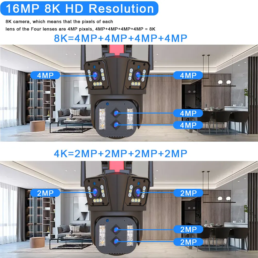 8K 16MP IP Camera Wifi PTZ Four Lens With Three Screens 10x Zoom Outdoor CCTV 4K 8MP Wireless Video Security Surveillance Camera