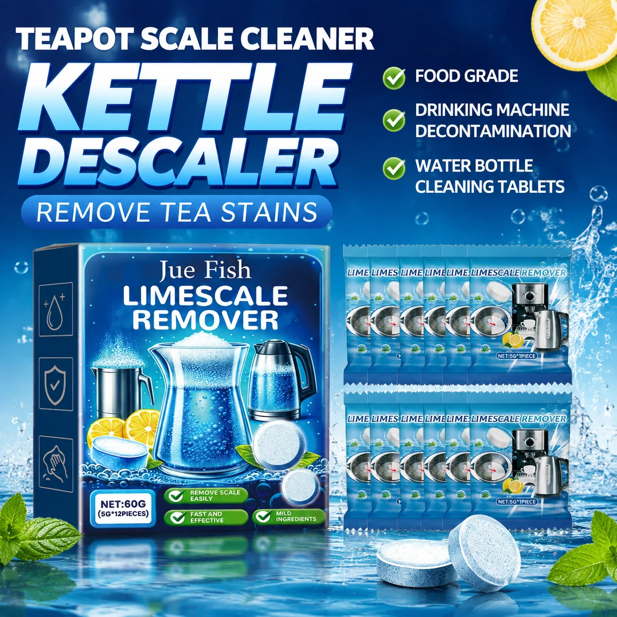 Kettle Descaler Remove Tea Stains Coffee Maker Cleane Food Grade Drinking Machine Decontamination Water Bottle Cleaning Tablets