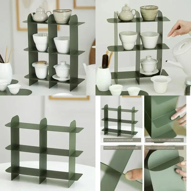Dark green metal simple storage rack, suitable for living room tea set cup holder desktop sundries display rack