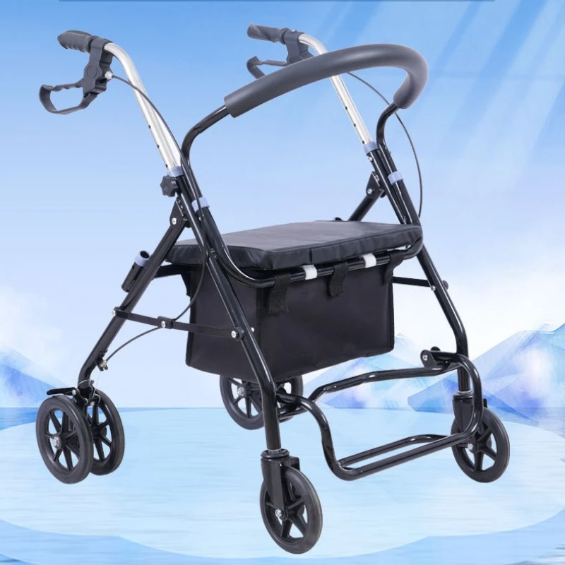 Multifunctional Shopping Cart with Seat, Portable Rolling Walker for Elderly Use, 4-Wheel Mobility Aid Trolley for Outdoor