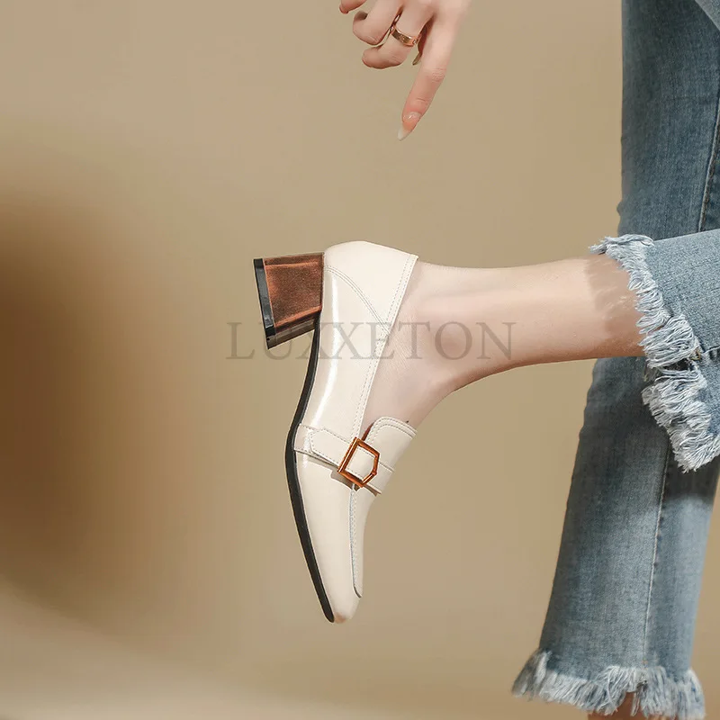 Loafer Shoes Autumn New Korean Version of Fashion Square Shoes Belt Buckle Decoration Thick Heel Shoes Women