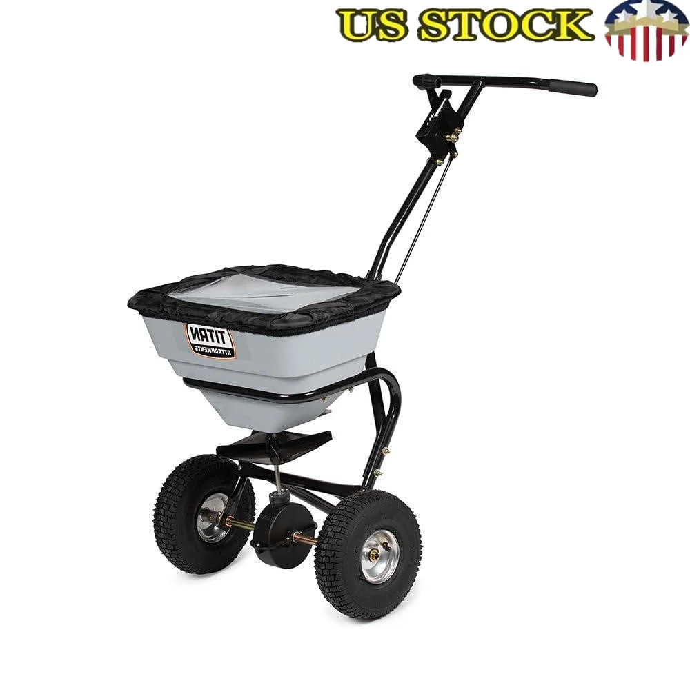 Professionale 70 LB Broadcast Spreader Fertilizzante e semi Cura del prato Strumento da giardino 12 FT Larghezza di diffusione Asse e pneumatici di qualità Durevole