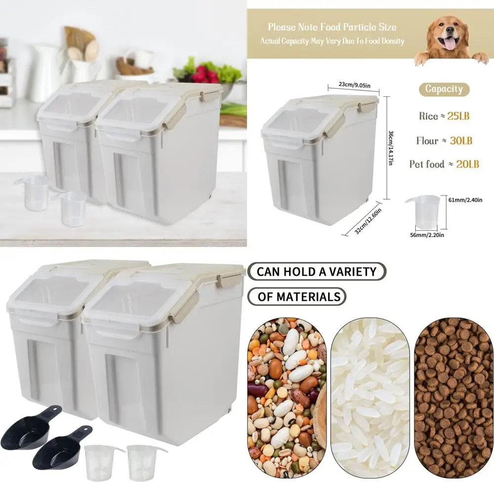 

25 lbs, 2 Pack Rice Storage Containers with Measuring Cup & Scoop, BPA-Free Dispenser for Cereal, Dog Food, Dry Beans, Oats, and