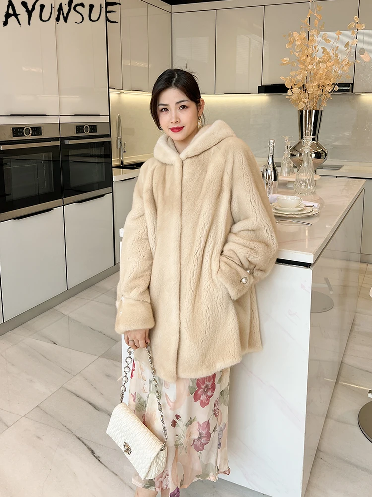 AYUNSUE Natürliche Samt Nerz Pelzmantel Frau Mit Kapuze Elegante Ganze Nerz Mantel für Frau Kleidung Hohe Qualität 2025, Abrigo Mujer