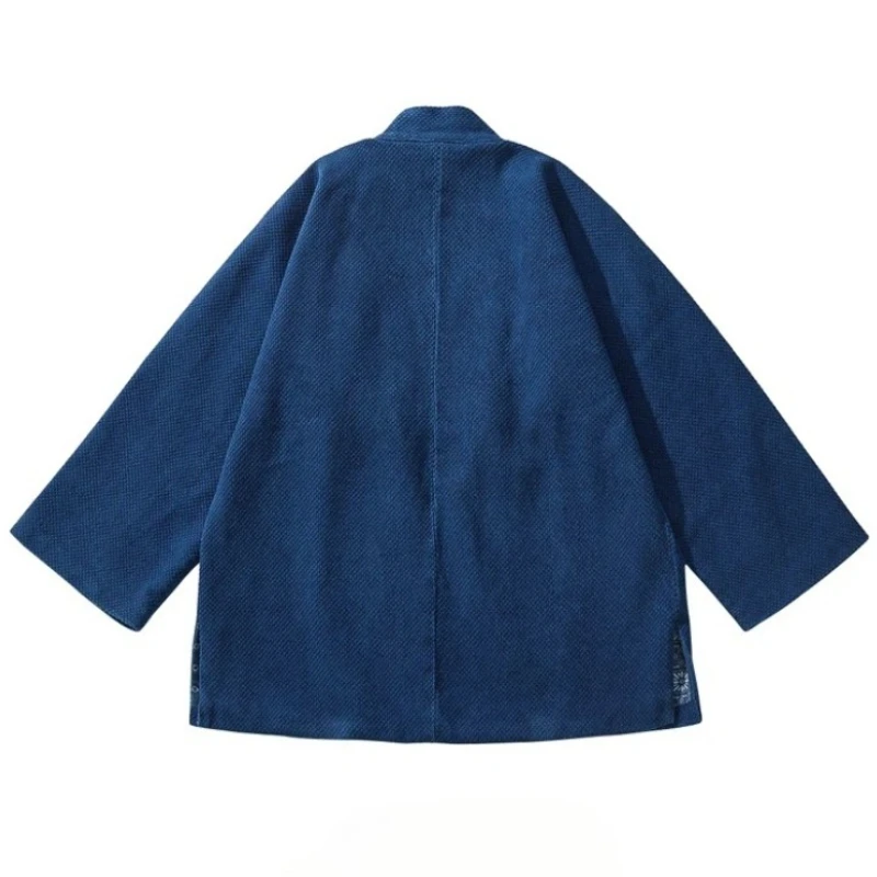 BADBOWL Japanese Retro Indigo Plant Kimono Blue Dyeing Road Robe Heavy Kendo Fabric Half Sleeve Jacket Men Casual Cardigan Coat