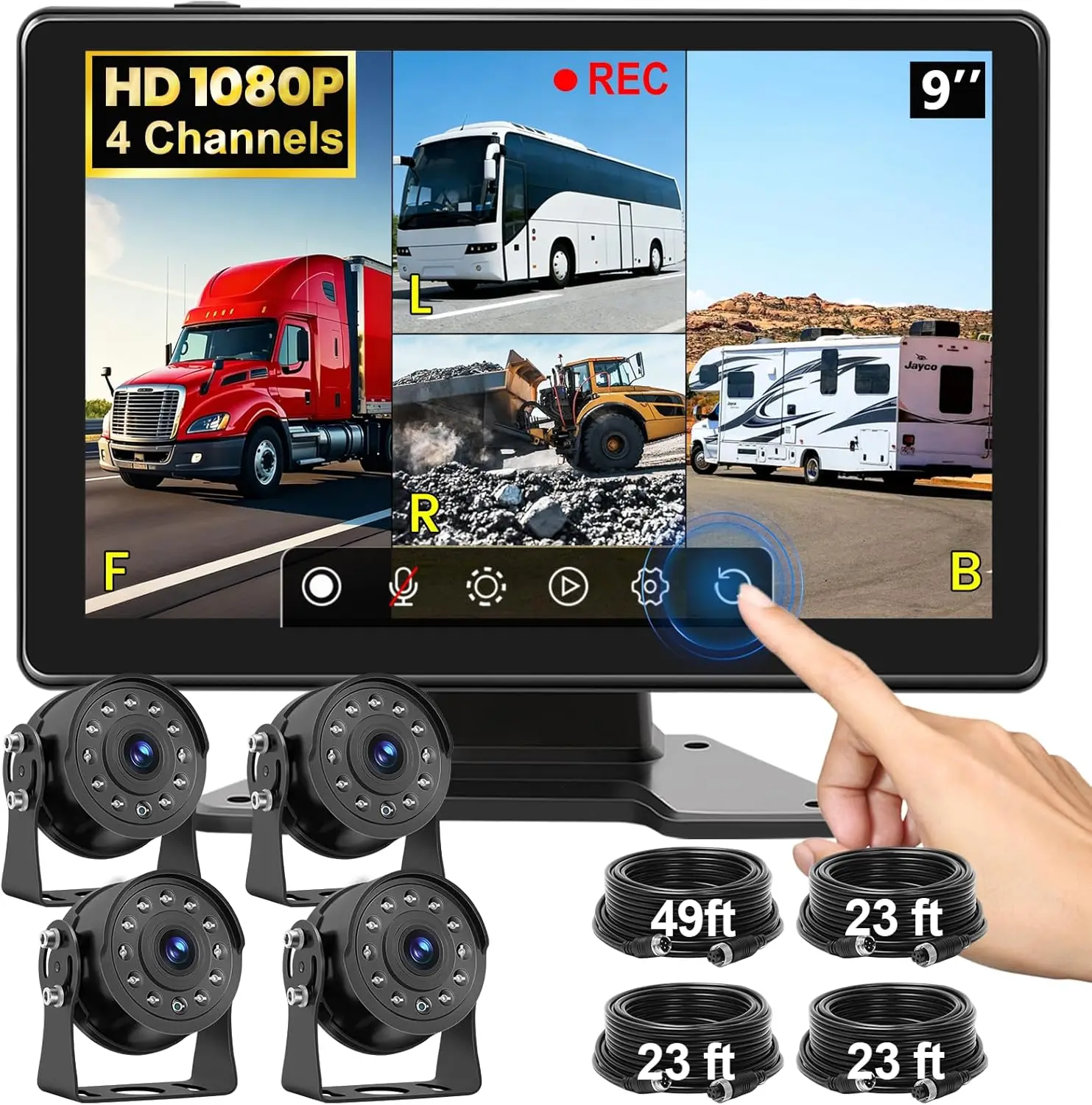 1080P Wired Backup Camera System for Truck/RV, 9" HD Touch DVR Quad Split Monitor 4 Side Rear View Cameras